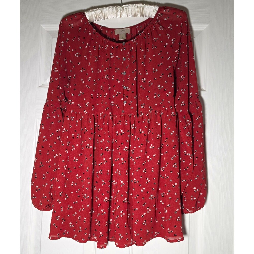 LOFT Burgandy Floral Babydoll Blouse  Long Sleeve  Button Front Sz S